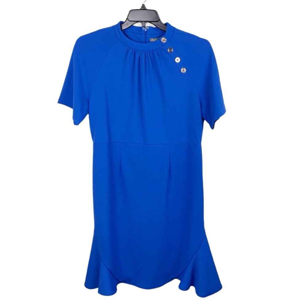 NEW Sharagano Women's Button A Line Dress Surf The Wave Cobalt Blue Size 12